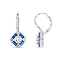 Sapphire-blue CZ 'Deco' Sterling Silver Leverback Earrings Sapphire-blue CZ 'Deco' Sterling Silver Leverback Earrings